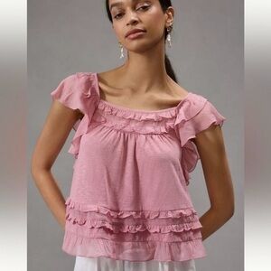 NWOT By Anthropologie Ruffled Flutter Sleeve Top in Pink Large